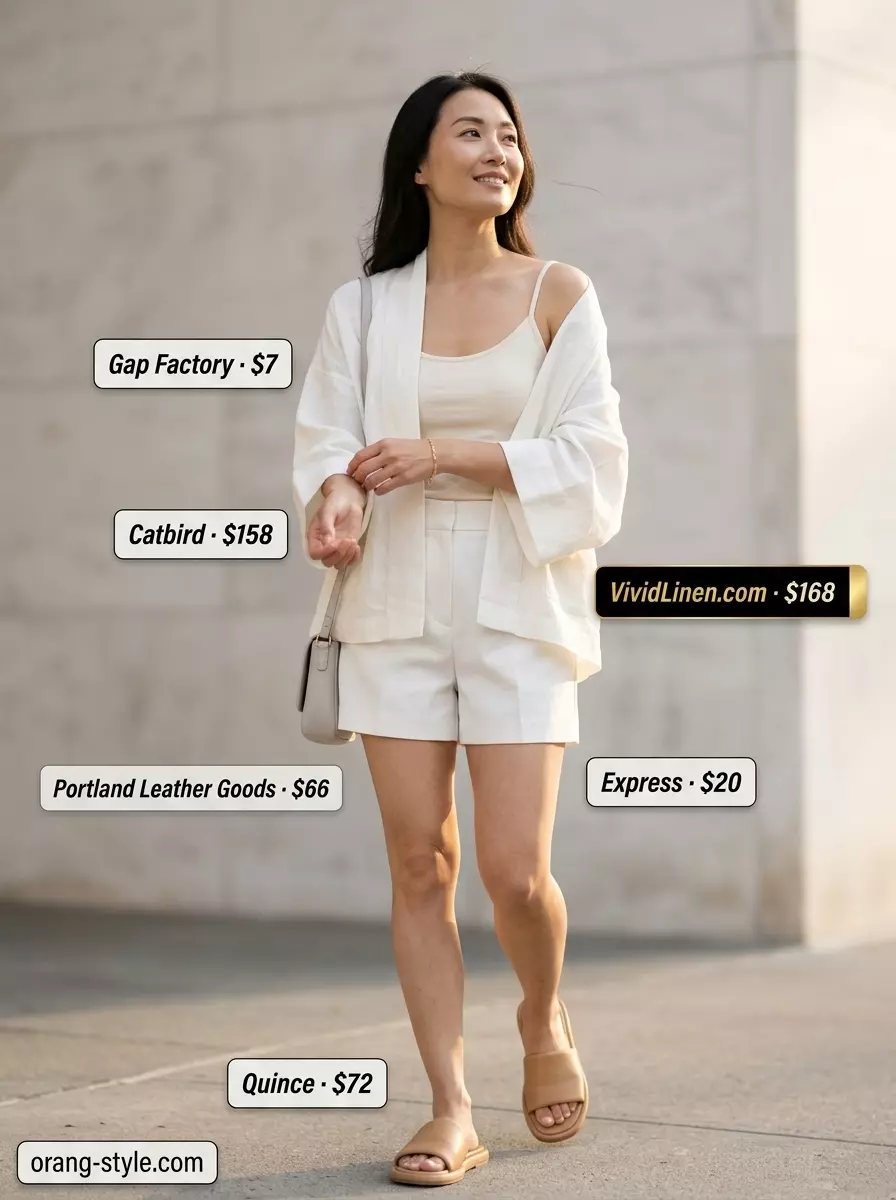 Monochrome summer kimono with shorts outfit for women 2026: white shorts, ivory tank, cream kimono, slides.
