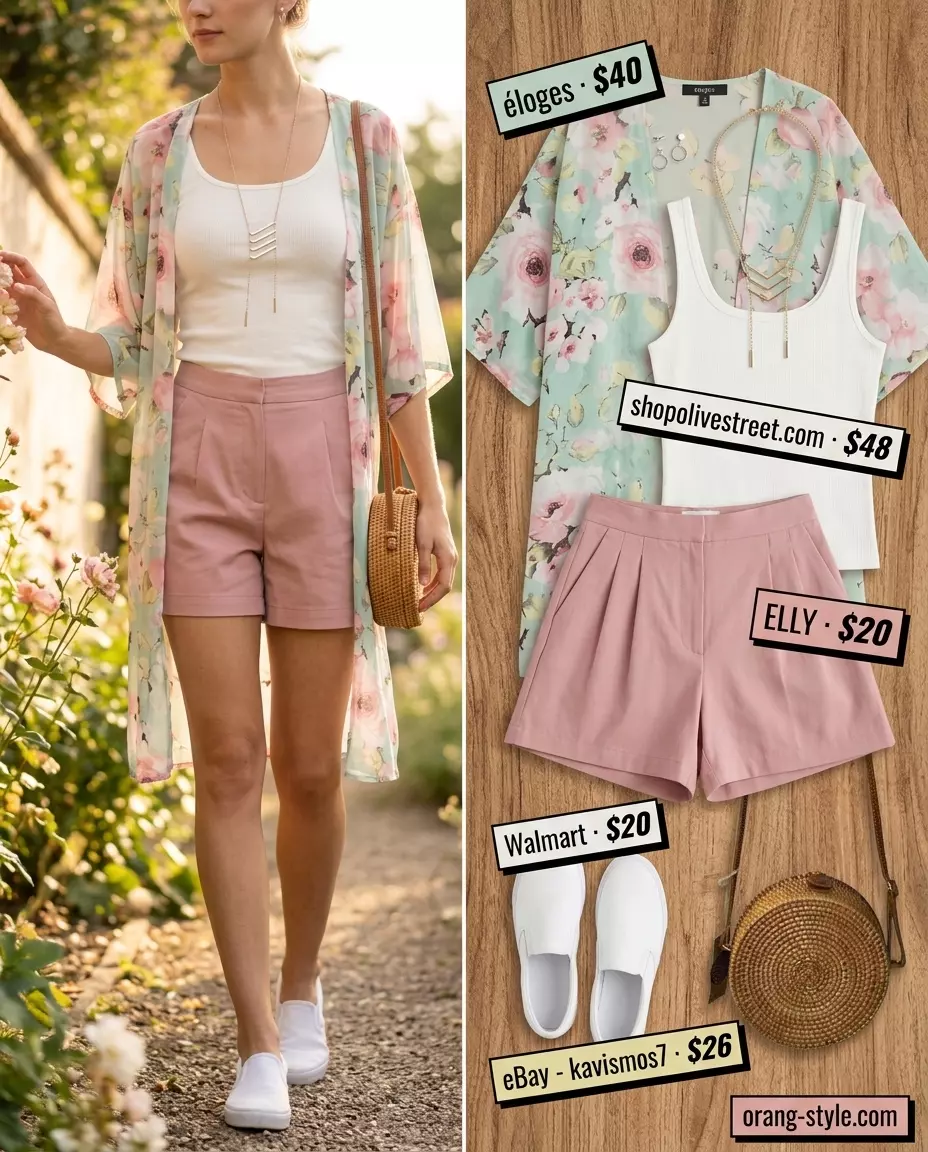 Pastel summer kimono with shorts outfit for women 2026: tailored shorts, scoop neck tank, floral kimono, sneakers.