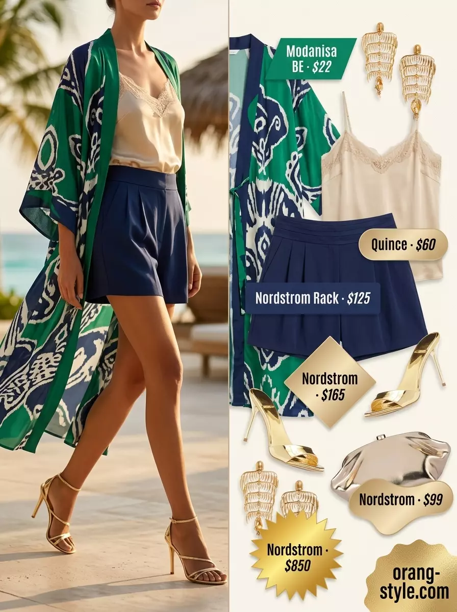 Resort evening summer kimono with shorts outfit for women 2026: satin shorts, camisole, patterned kimono, heeled mules.