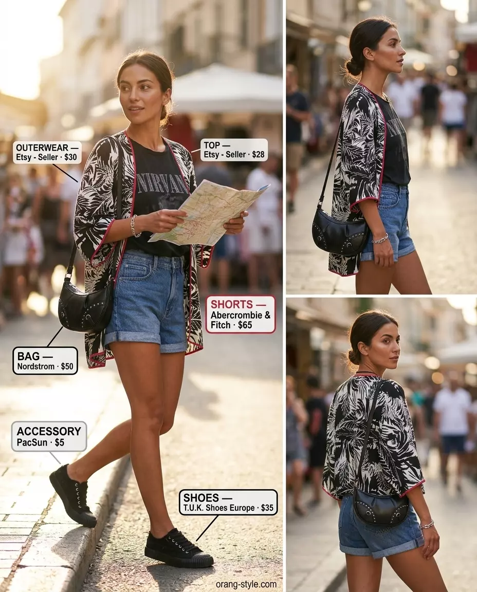 Retro Denim: Summer kimono with shorts outfits for women 2026. Floral kimono, denim shorts, band tee.