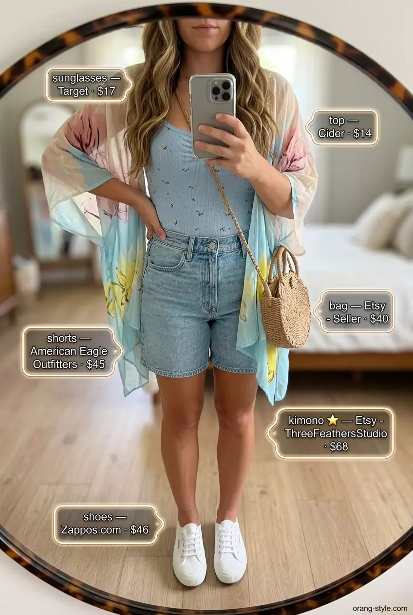 Retro summer kimono with shorts outfit for women 2026: denim shorts, floral tee, sheer floral kimono, sneakers.