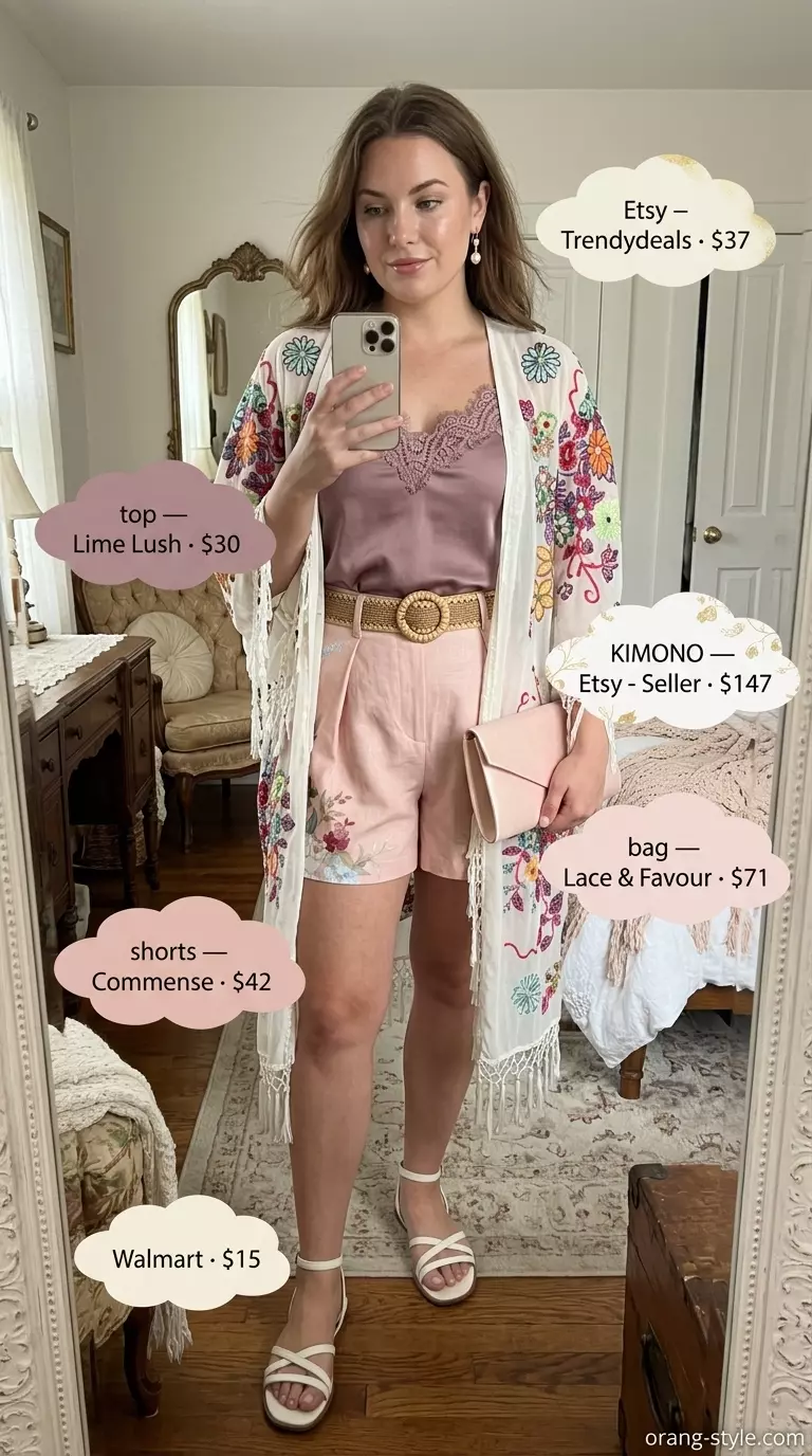 Romantic Floral: Summer kimono with shorts outfits for women 2026. Floral shorts, sheer kimono, satin cami.