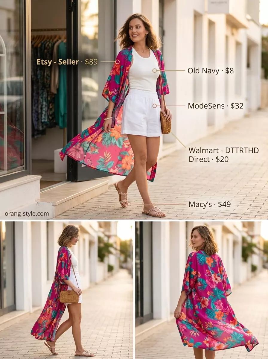 Tropical summer kimono with shorts outfit for women 2026: linen shorts, white tee, floral kimono, sandals.