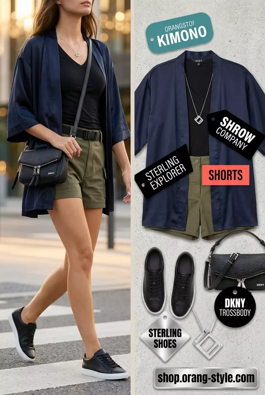 Urban summer kimono with shorts outfit for women 2026: olive cargo shorts, black tee, black silk kimono, sneakers.