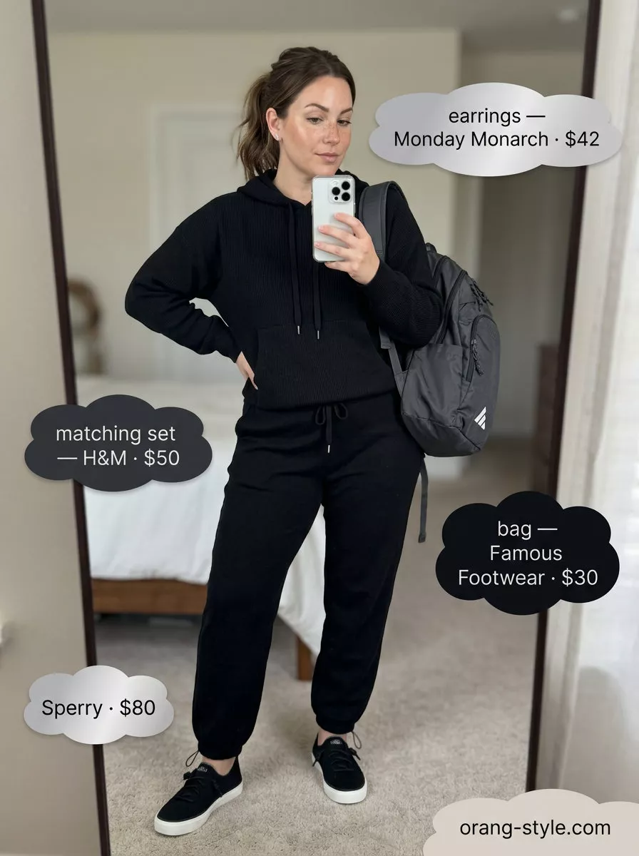 Black knit matching set outfits for women 2026: hoodie & joggers, backpack, knit sneakers.