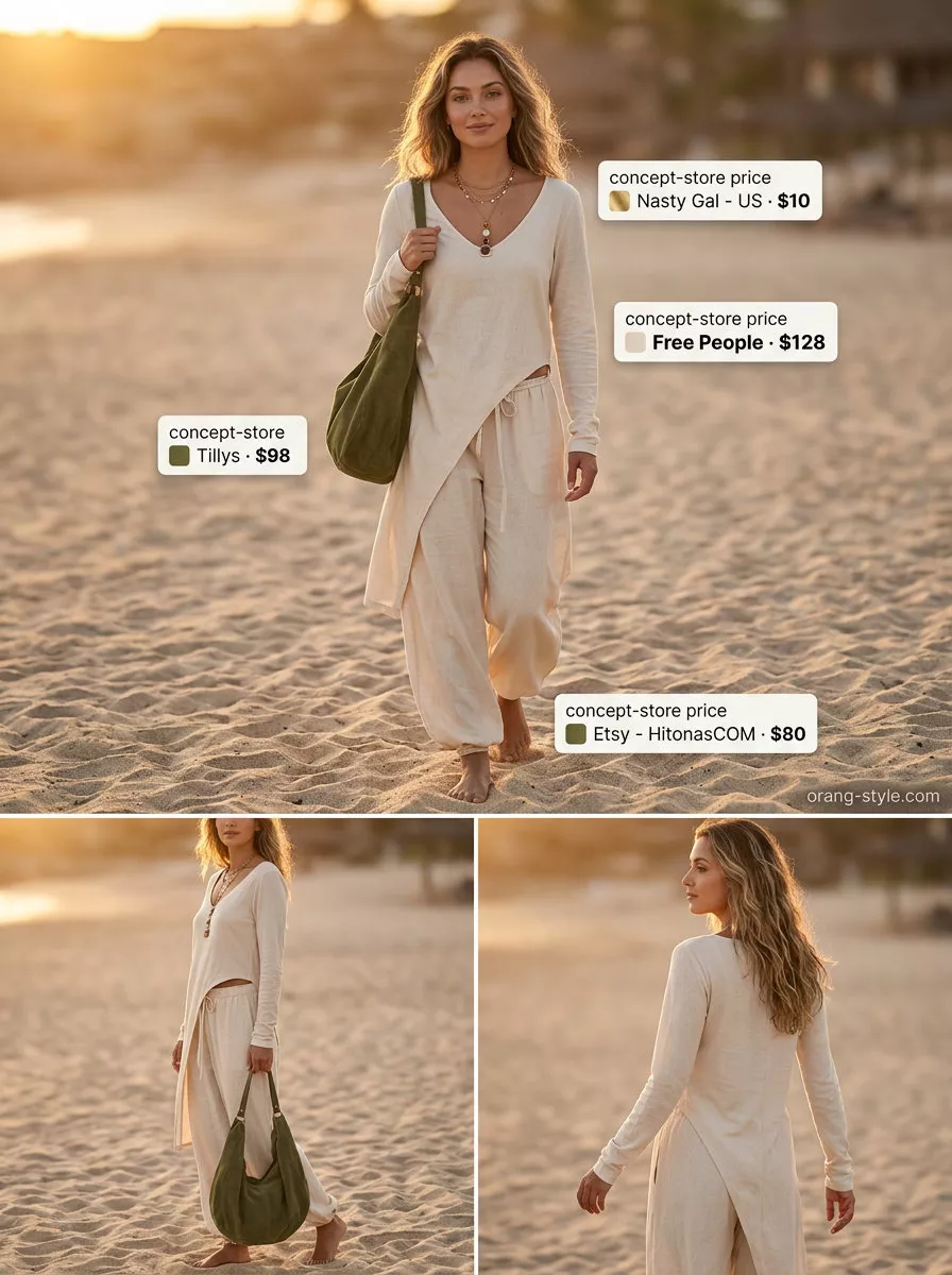 Beige knit matching set outfits for women 2026: tunic & flowy pants, oversized bag, gladiator sandals.