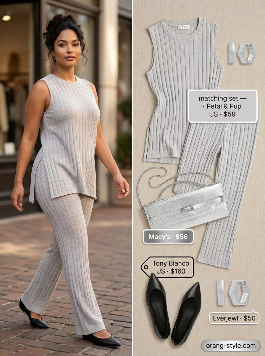 Charcoal grey knit matching set outfits for women 2026: top & wide-leg pants, pointed flats, silver clutch.