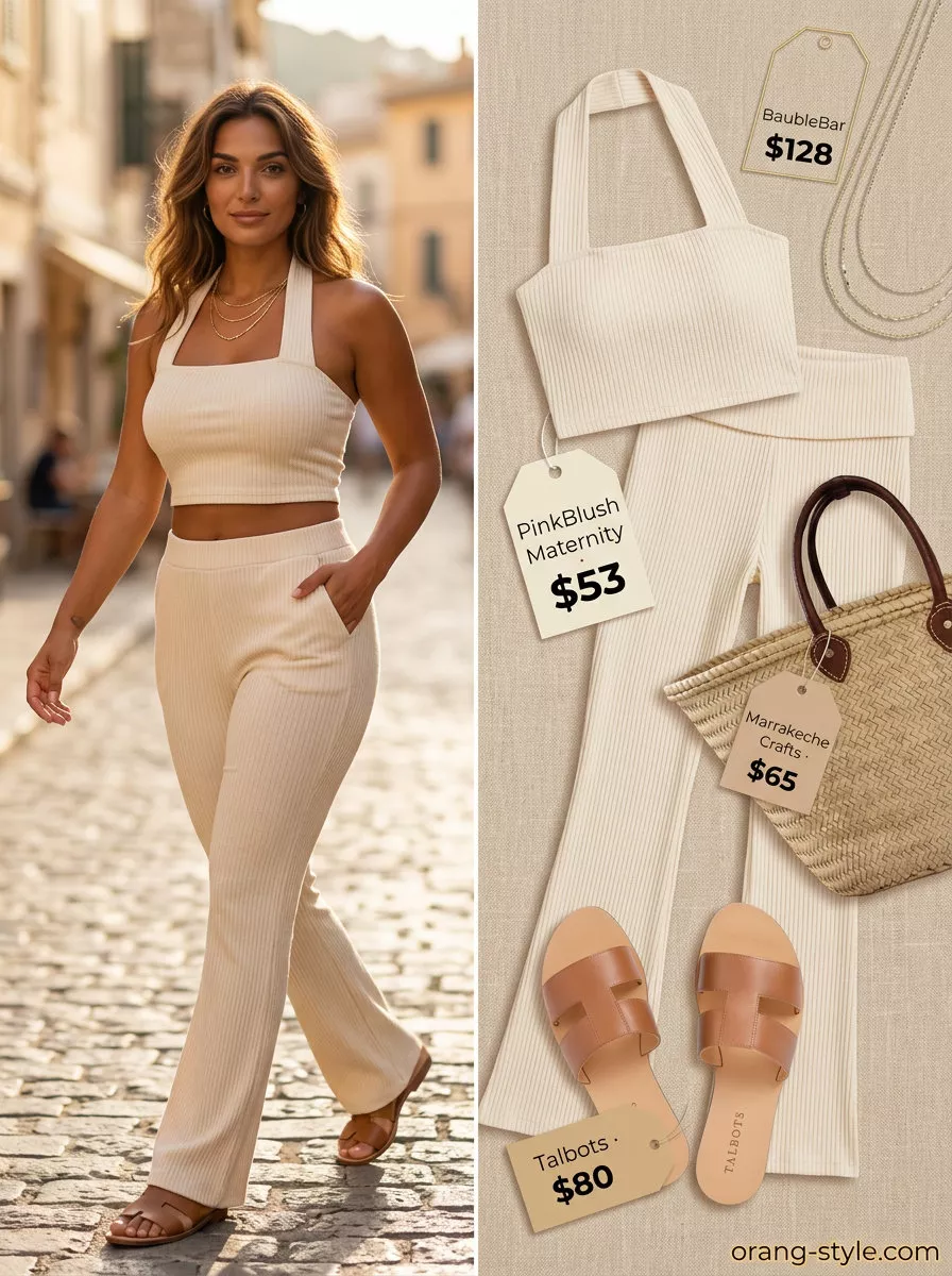 Cream knit matching set outfits for women 2026: cropped tank & wide-leg pants, straw tote, gold jewelry.