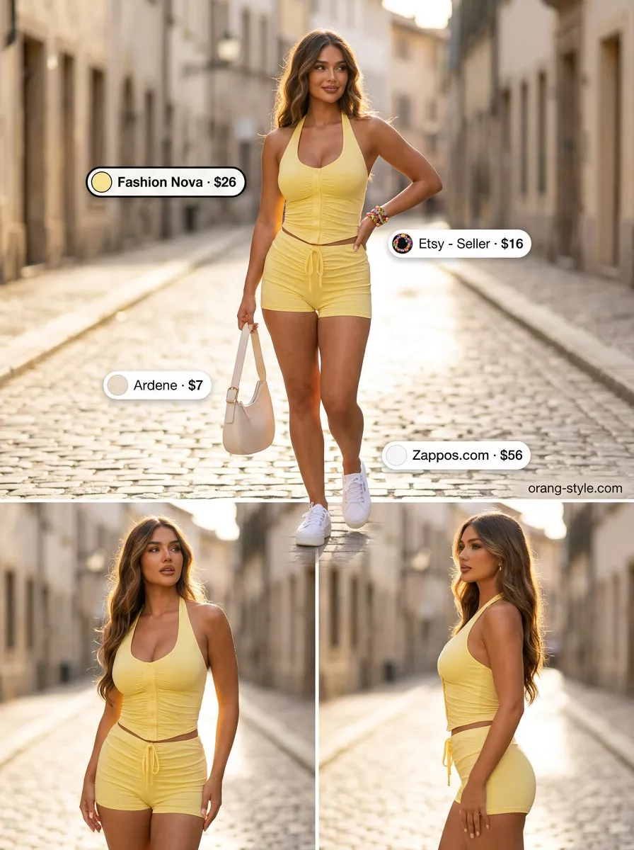 Lemon yellow knit matching set outfits for women 2026: halter top & mini shorts, platform sneakers.