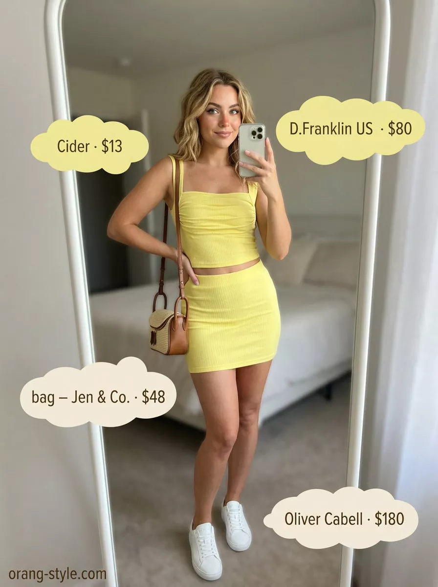 Lemon yellow knit matching set outfits for women 2026: crop top & shorts, straw crossbody, round sunglasses.