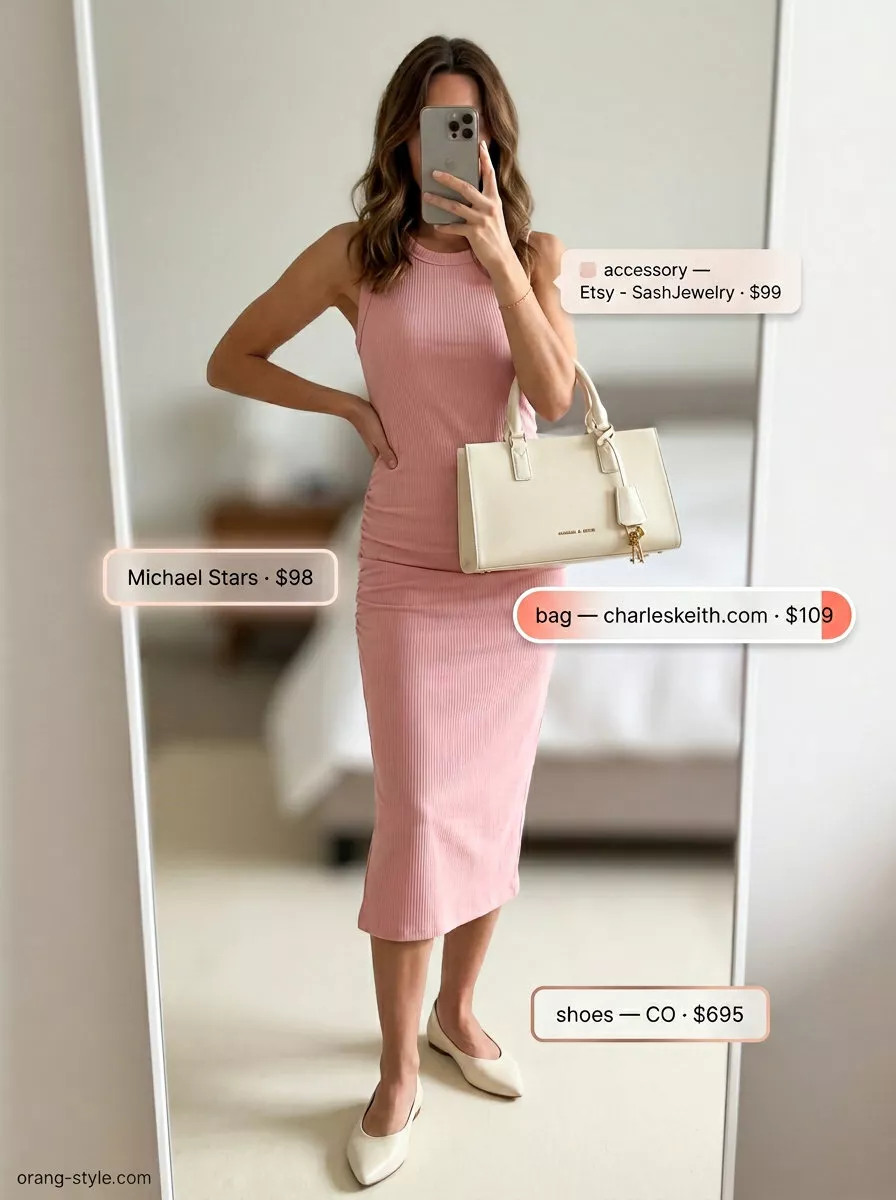 Monochrome Blush Knit Dress: Fitted midi dress. Elegant brunch outfits 2026.