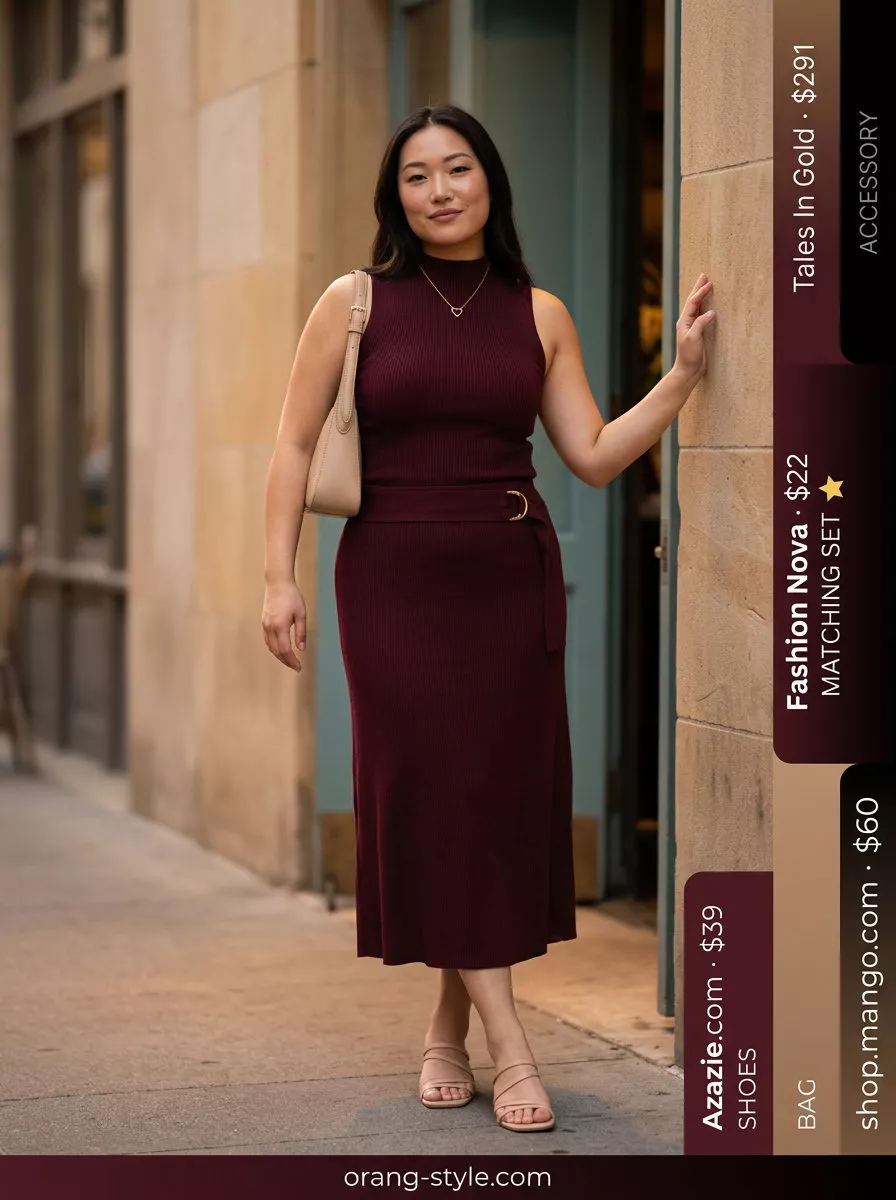 Elegant burgundy knit matching set for women 2026, perfect for summer evenings and smart casual events.