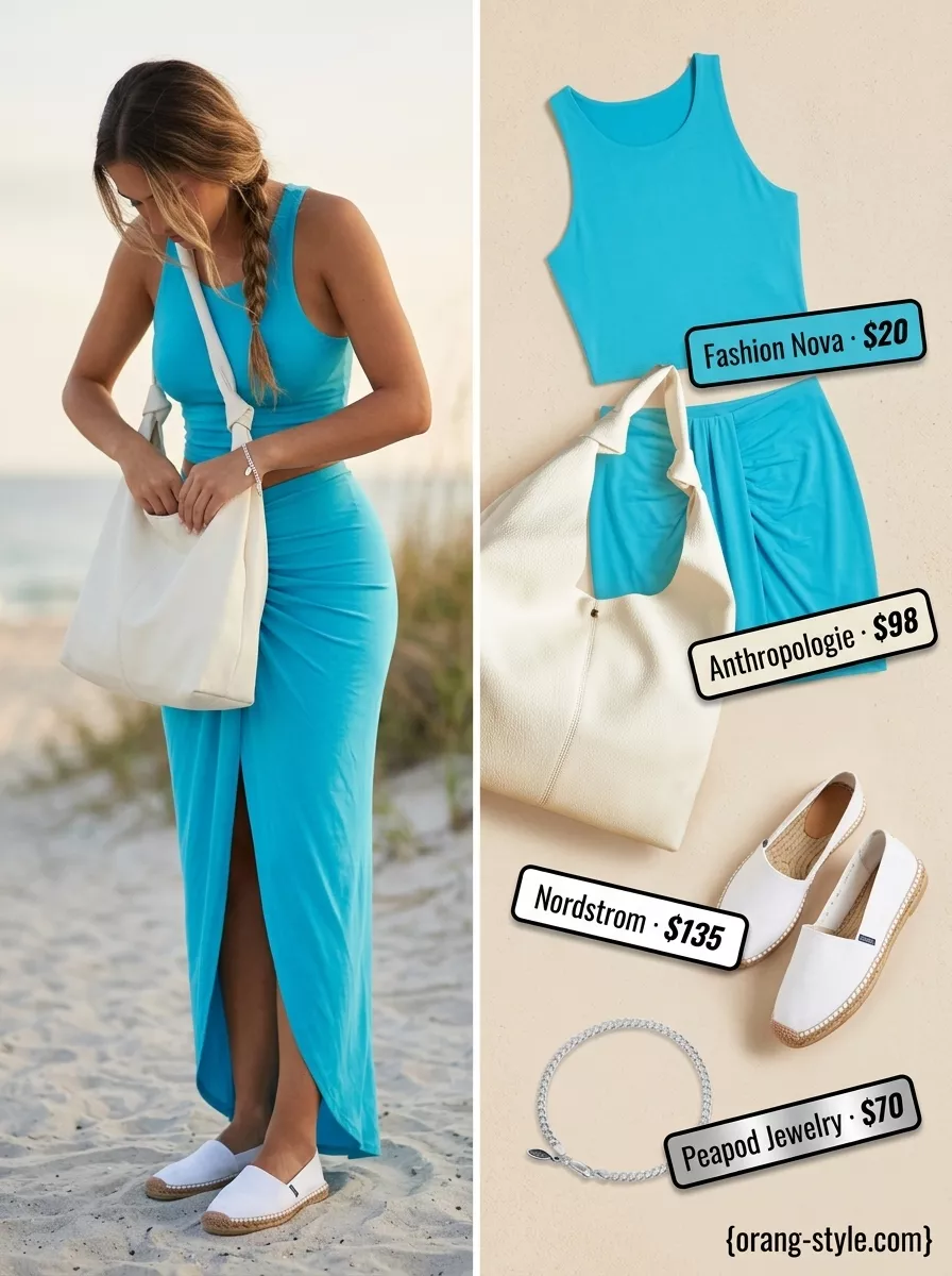 Serene light blue knit matching set for women 2026, perfect for beach walks and vacation sightseeing.