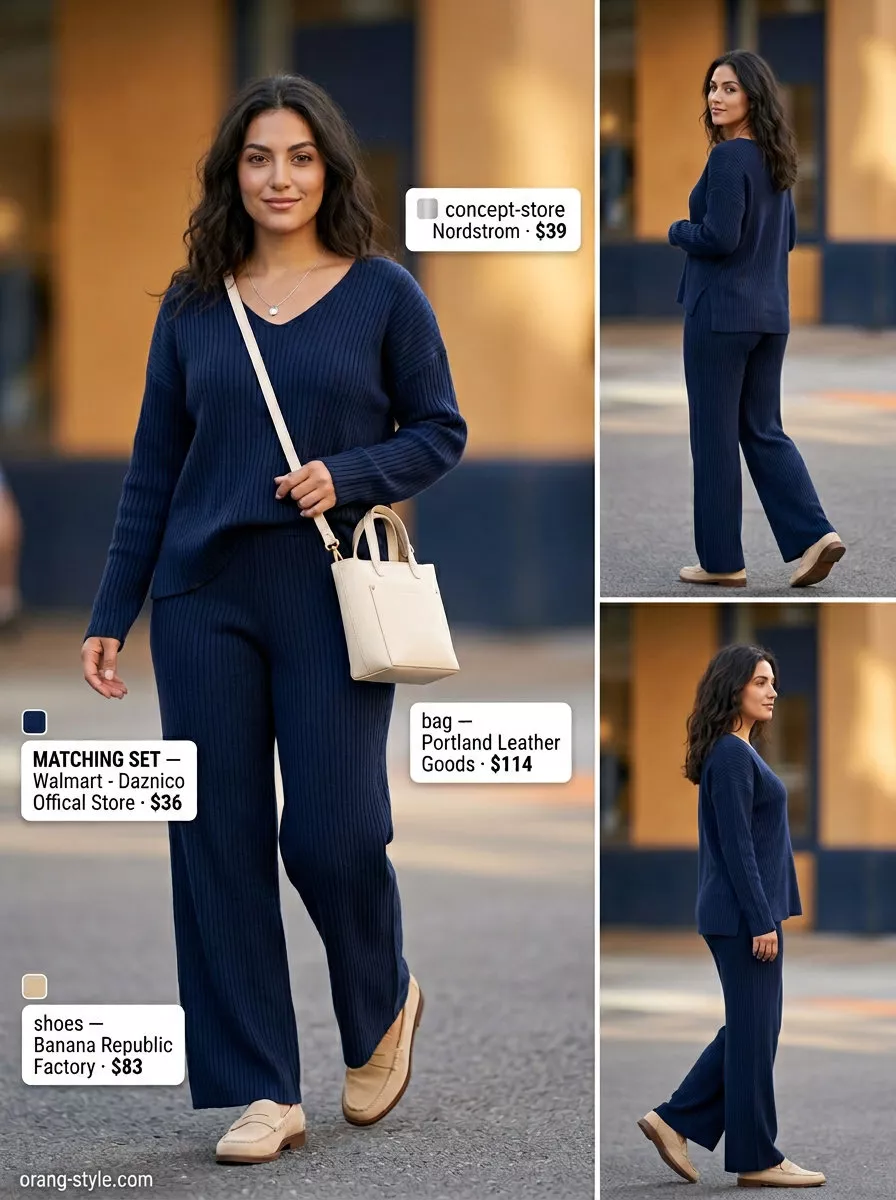 Elevated Knit Lounge Set: Navy blue sweater & wide-leg pants. Travel & smart casual outfits 2026.