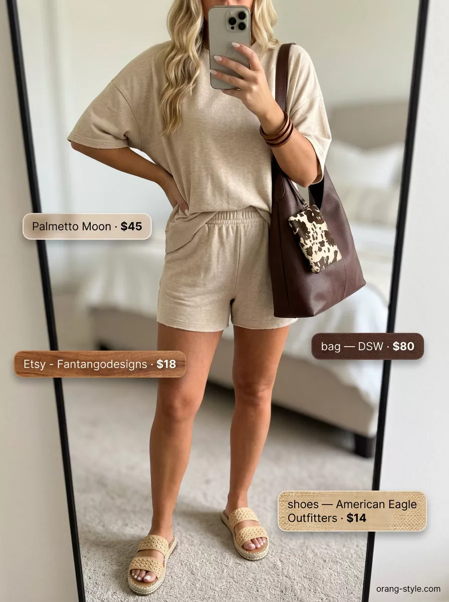 Sandy Beige Knit Vacation Set: Oversized tee & shorts. Relaxed beachside outfits 2026.