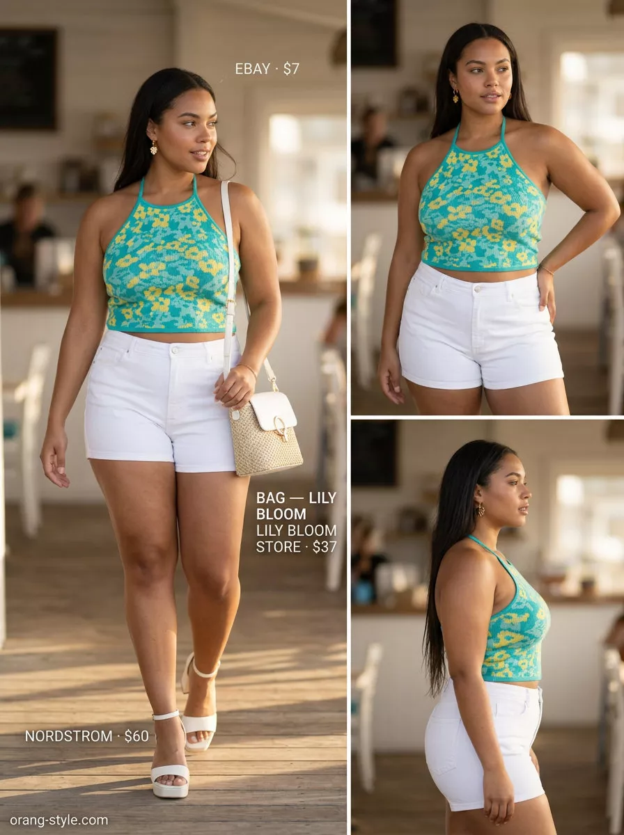 Tropical Print Knit Set: Halter top & mini shorts. Fun vacation outfits 2026.