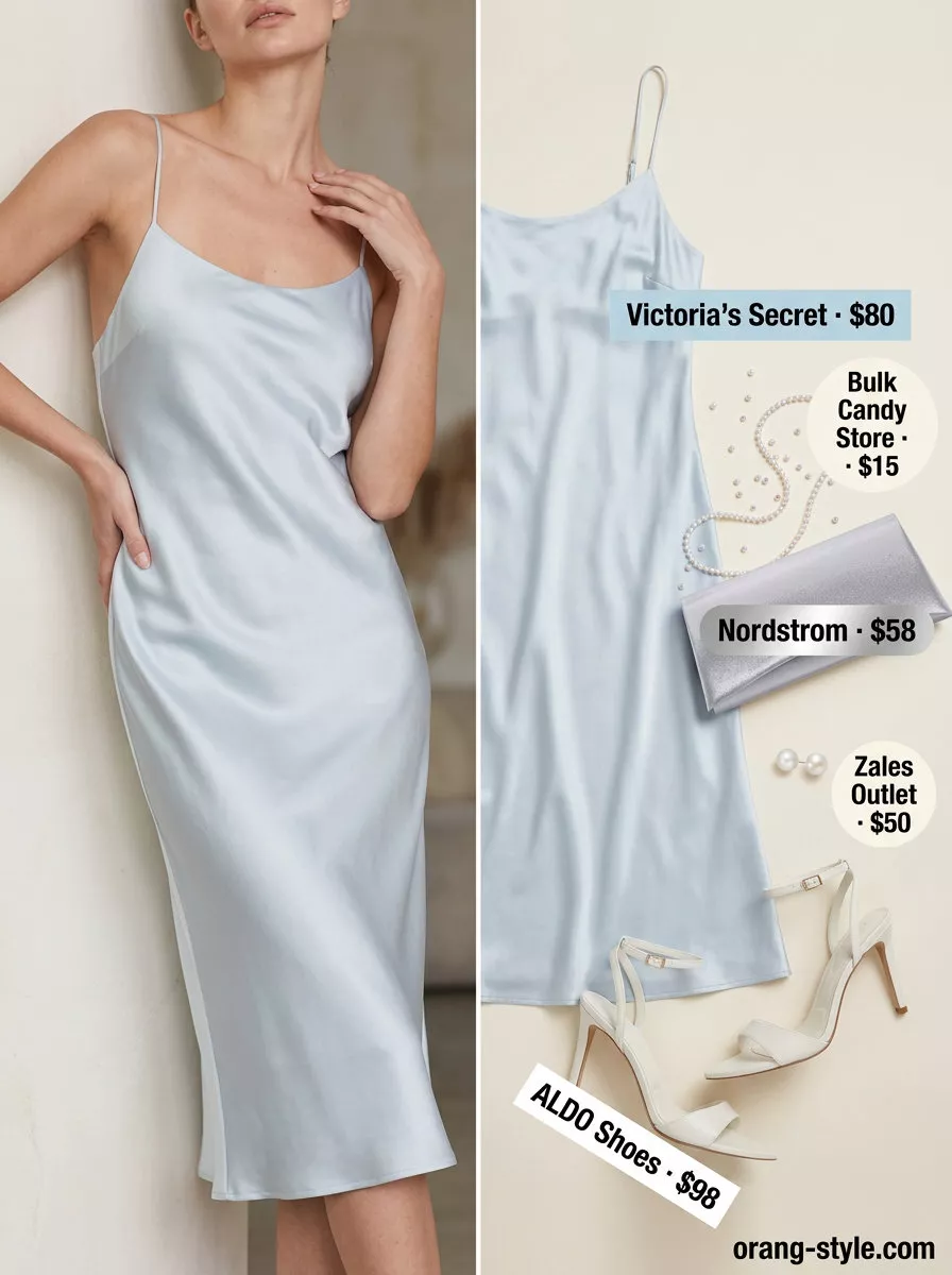 Summer old money pearl outfit for women 2026: Pale blue silk slip dress with pearl earrings and silver clutch.