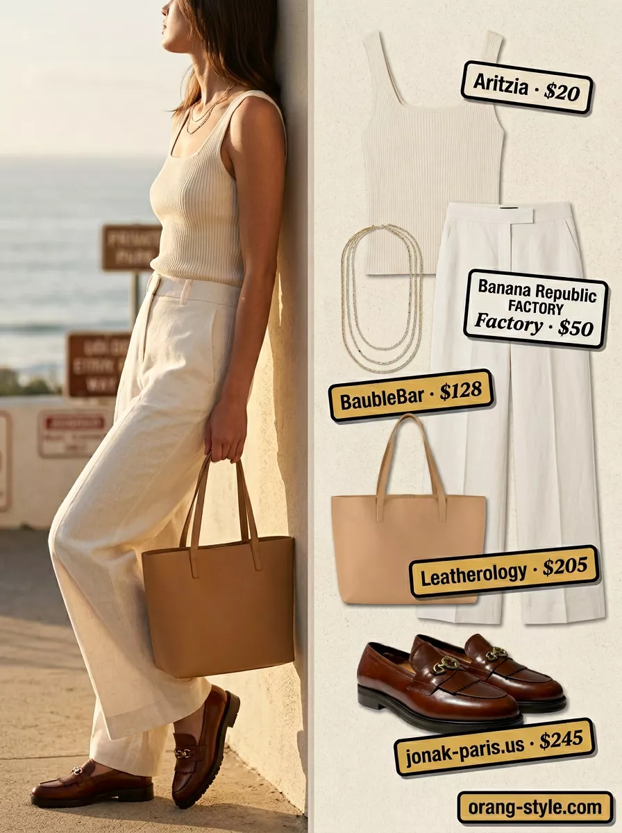 Summer old money pearl outfit for women 2026: Cream linen pants with fitted knit top and leather loafers.