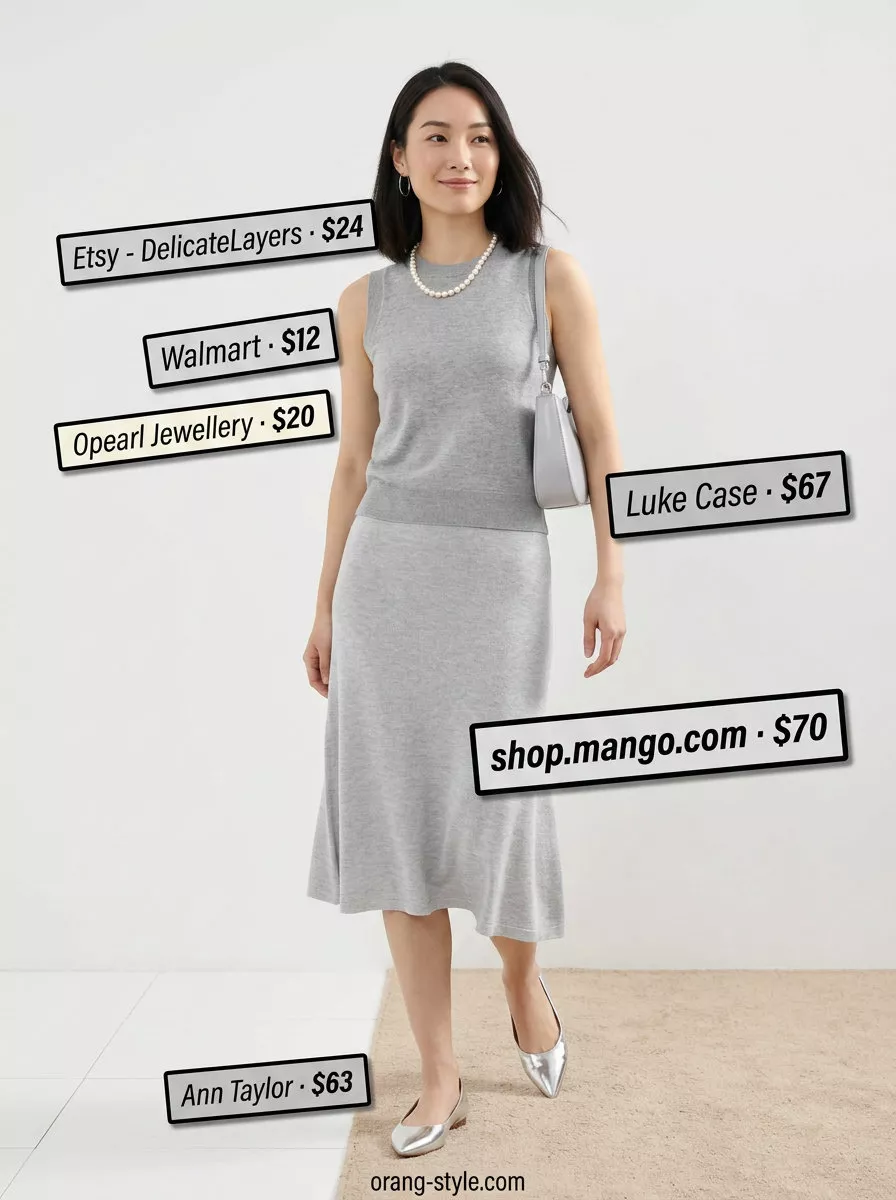 Summer old money pearl outfit for women 2026: Light grey knit midi skirt set with silver accents.