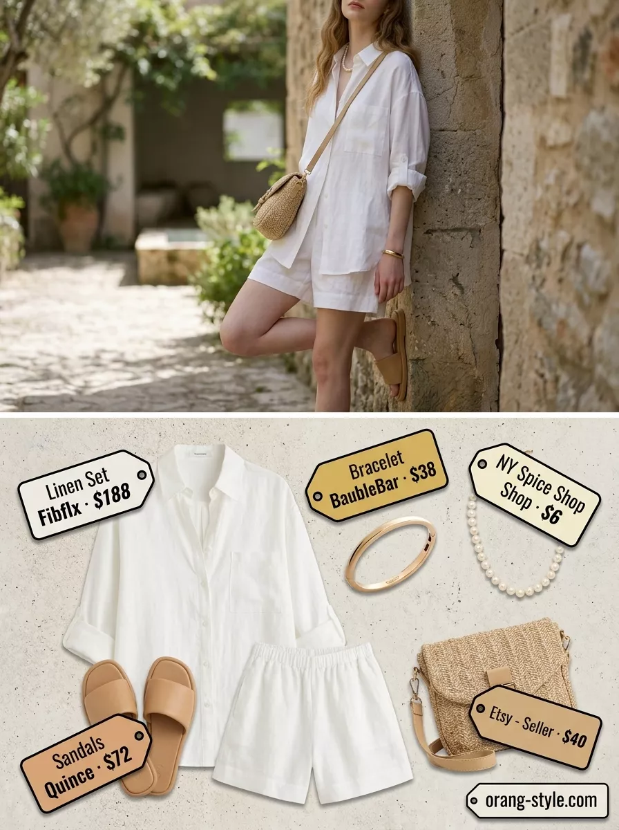Summer old money pearl outfit for women 2026: White linen shorts set with gold bangles and straw bag.