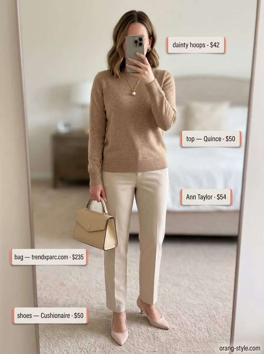 Polished beige sweater and white trousers with pearl necklace for a summer old money outfit. Perfect for tea.