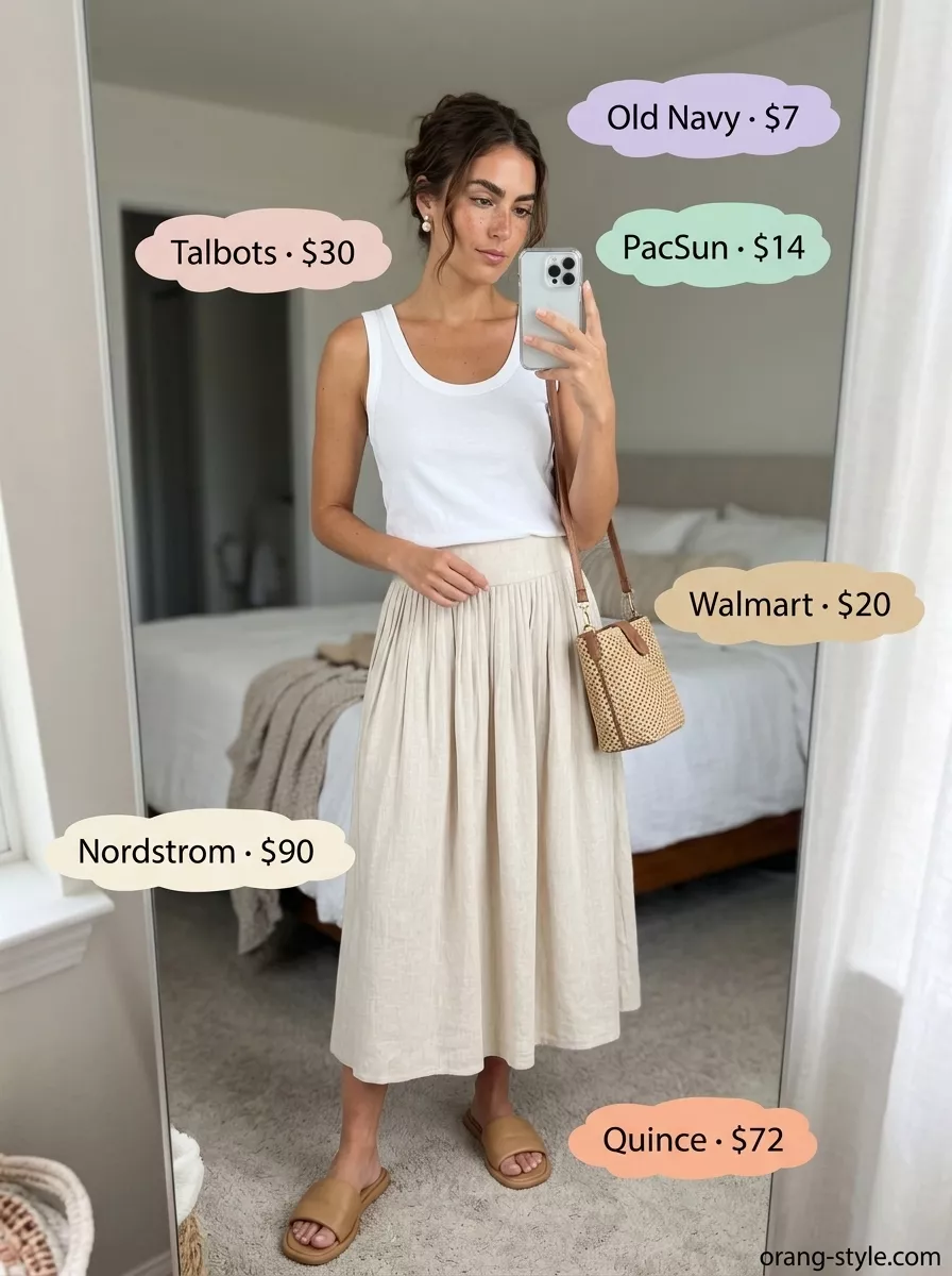 Relaxed light beige linen midi skirt and white tank with classic pearl studs for a summer old money outfit.