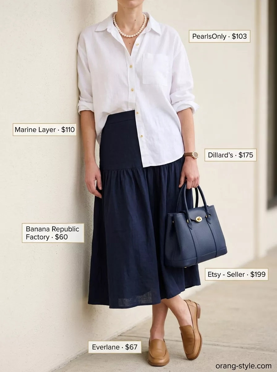 Timeless cream pearl necklace, navy linen skirt, and white oversized shirt for a summer old money outfit.