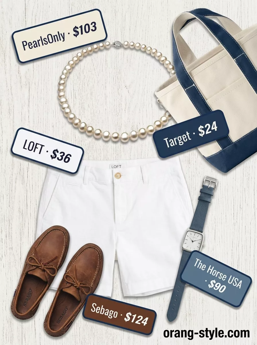 Summer old money pearl outfit for women 2026: White shorts, linen shirt, pearl necklace for coastal cruise style.