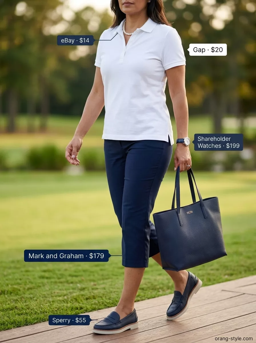 Summer old money pearl outfit for women 2026: Navy capris, polo shirt, pearl necklace for country club style.