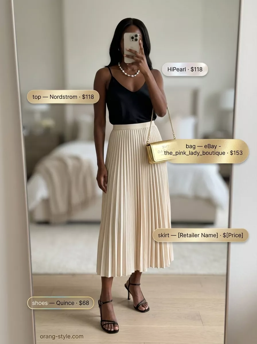 Elegant champagne satin midi skirt and black silk tank with baroque pearls for a summer old money outfit.