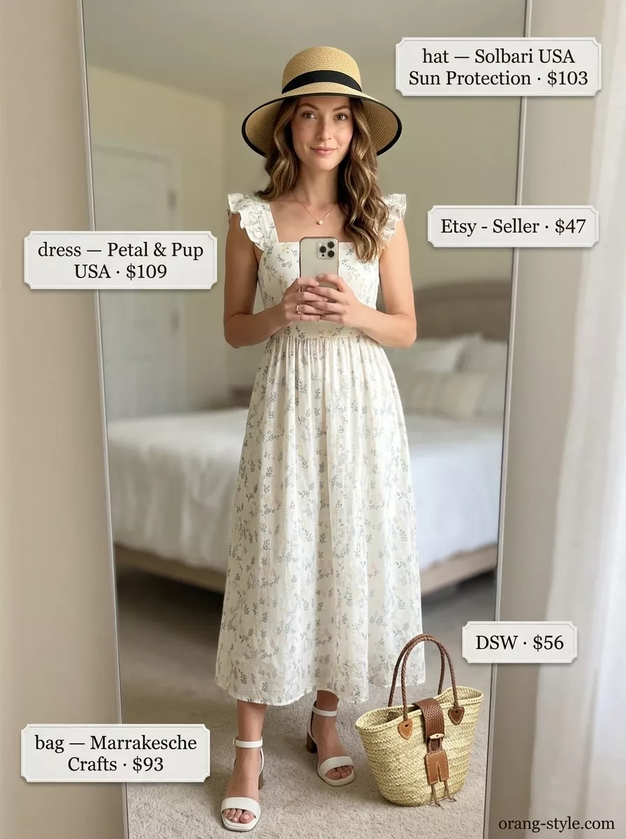 Summer old money pearl outfit for women 2026: Floral midi dress, pearl necklace, straw hat for garden party.