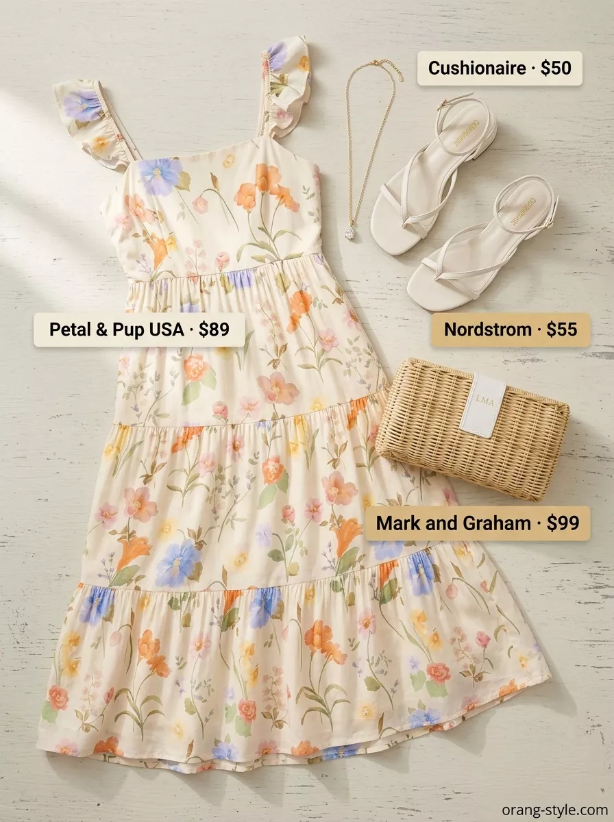 Summer old money pearl outfit for women 2026: Floral dress, pearl bracelet, straw clutch for garden party.