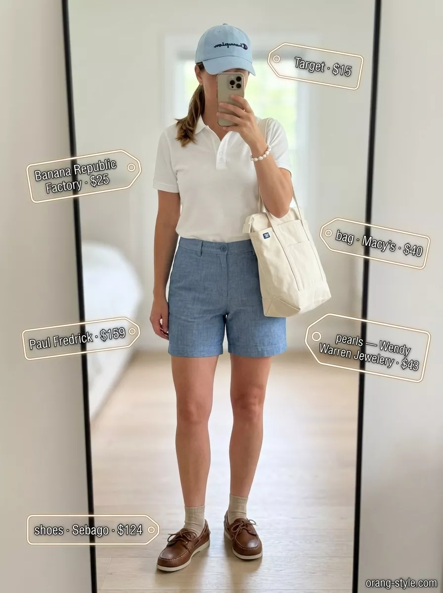 Summer old money pearl outfit for women 2026: Linen shorts, polo shirt, pearl bracelet for lakeside retreat.
