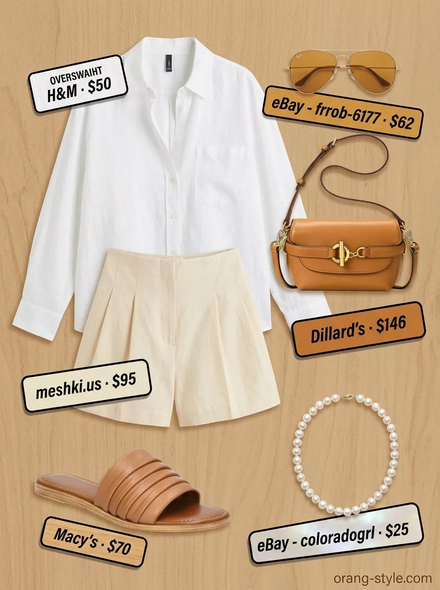 Summer old money pearl outfit for women 2026: Linen shorts, oversized shirt, pearl necklace for beachside lunch.