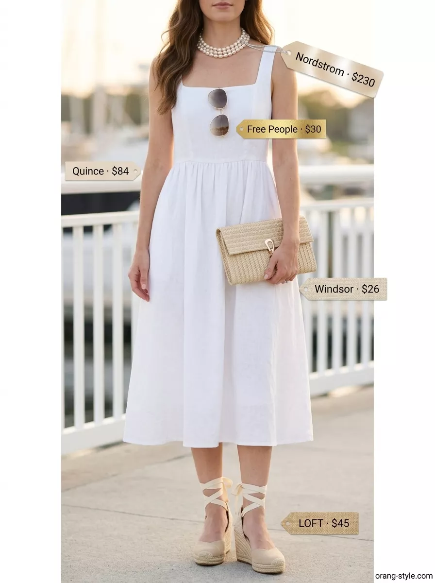 Sophisticated white midi dress with multi-strand pearl choker for a summer old money outfit. Yacht club ready.