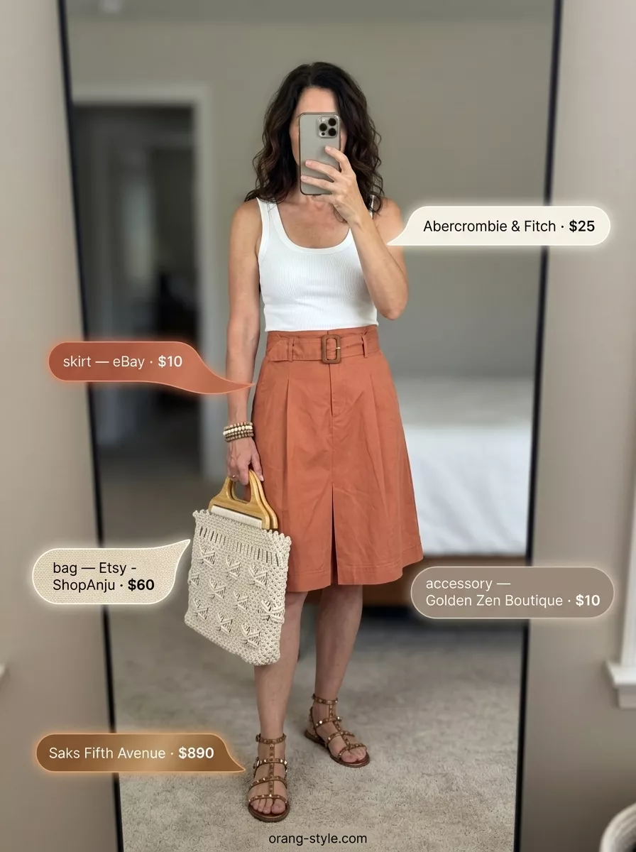 Earthy Market Summer Outfit for Women Over 50 2026 Summer outfit for women over 50 2026: Terracotta A-line skirt, ivory knit top, macrame tote for market.