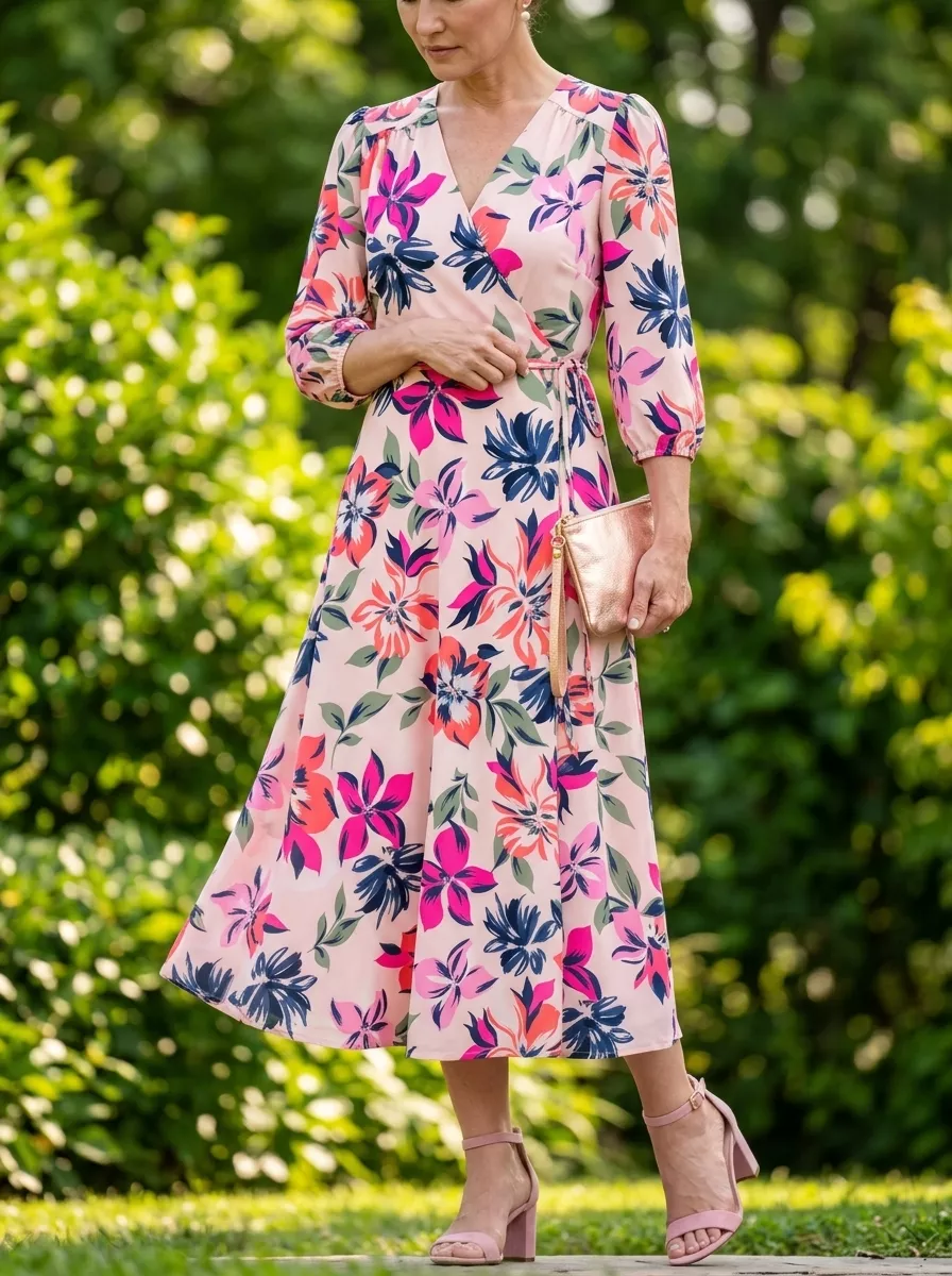 Summer Outfit for Women Over 50 2026: Garden Party Glam Elegant summer outfit for women over 50 2026: Pink floral midi wrap dress for garden parties.