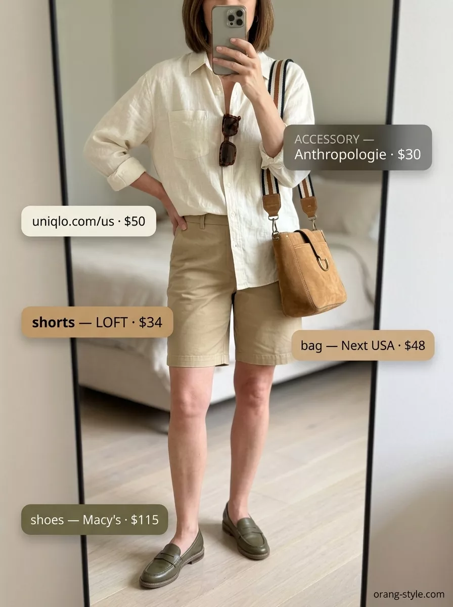 Polished Garden Summer Outfit for Women Over 50 2026 Summer outfit for women over 50 2026: Khaki Bermuda shorts, cream linen shirt, loafers for garden party.