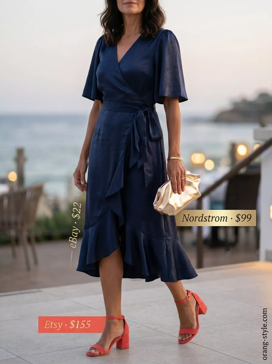 Elegant Evening Summer Outfit for Women Over 50 2026 Summer outfit for women over 50 2026: Navy wrap dress, coral heels, gold clutch for elegant evening.