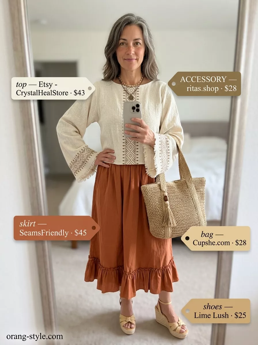 Summer Outfit for Women Over 50 2026: Bohemian Stroll Bohemian summer outfit for women over 50 2026: Terracotta tiered skirt and ivory peasant blouse.
