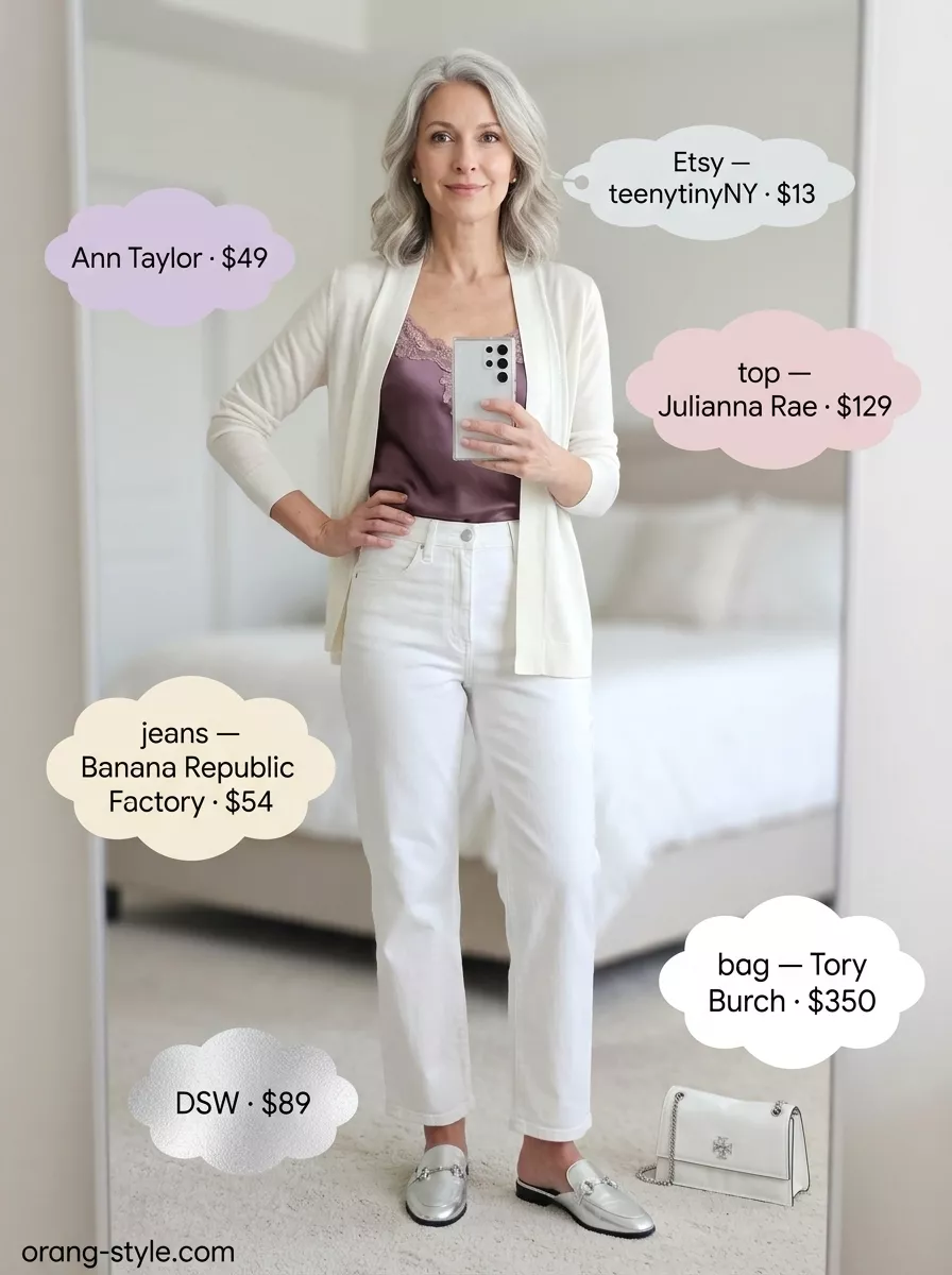 Refined Vineyard Summer Outfit for Women Over 50 2026 Summer outfit for women over 50 2026: White jeans, lavender camisole, white cardigan for vineyard tour.