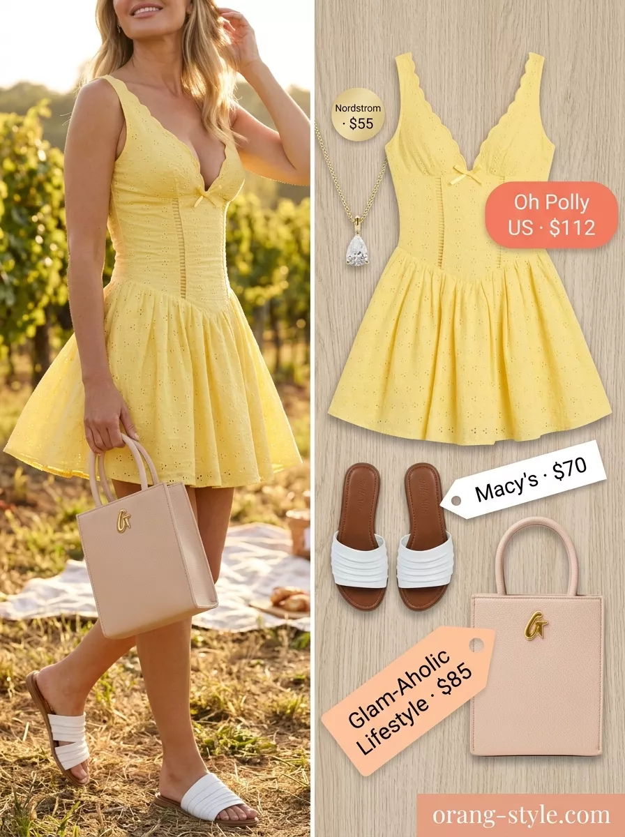 Joyful summer outfit for women over 50 2026: Yellow embroidered A-line dress for vineyard visits.