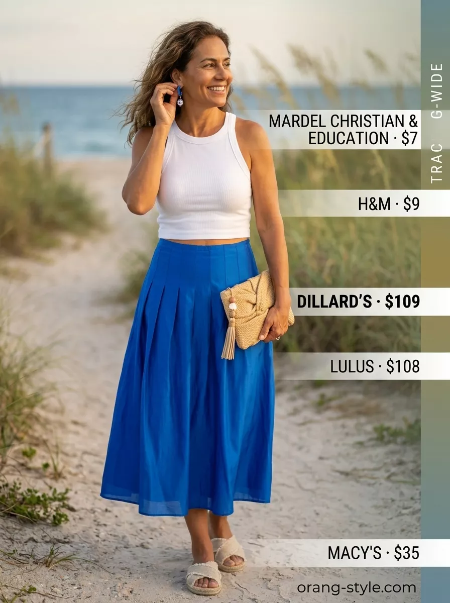 Coastal Art Fair Summer Outfit for Women Over 50 2026 Artistic summer outfit for women over 50 2026: Cobalt blue skirt, white tank, espadrilles for coastal art fair.