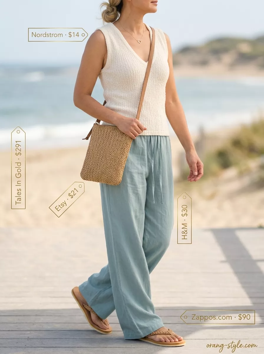 Coastal Getaway Summer Outfit for Women Over 50 2026 Relaxed summer outfit for women over 50 2026: Soft blue linen pants, cream tank, tan slides for coastal getaway.
