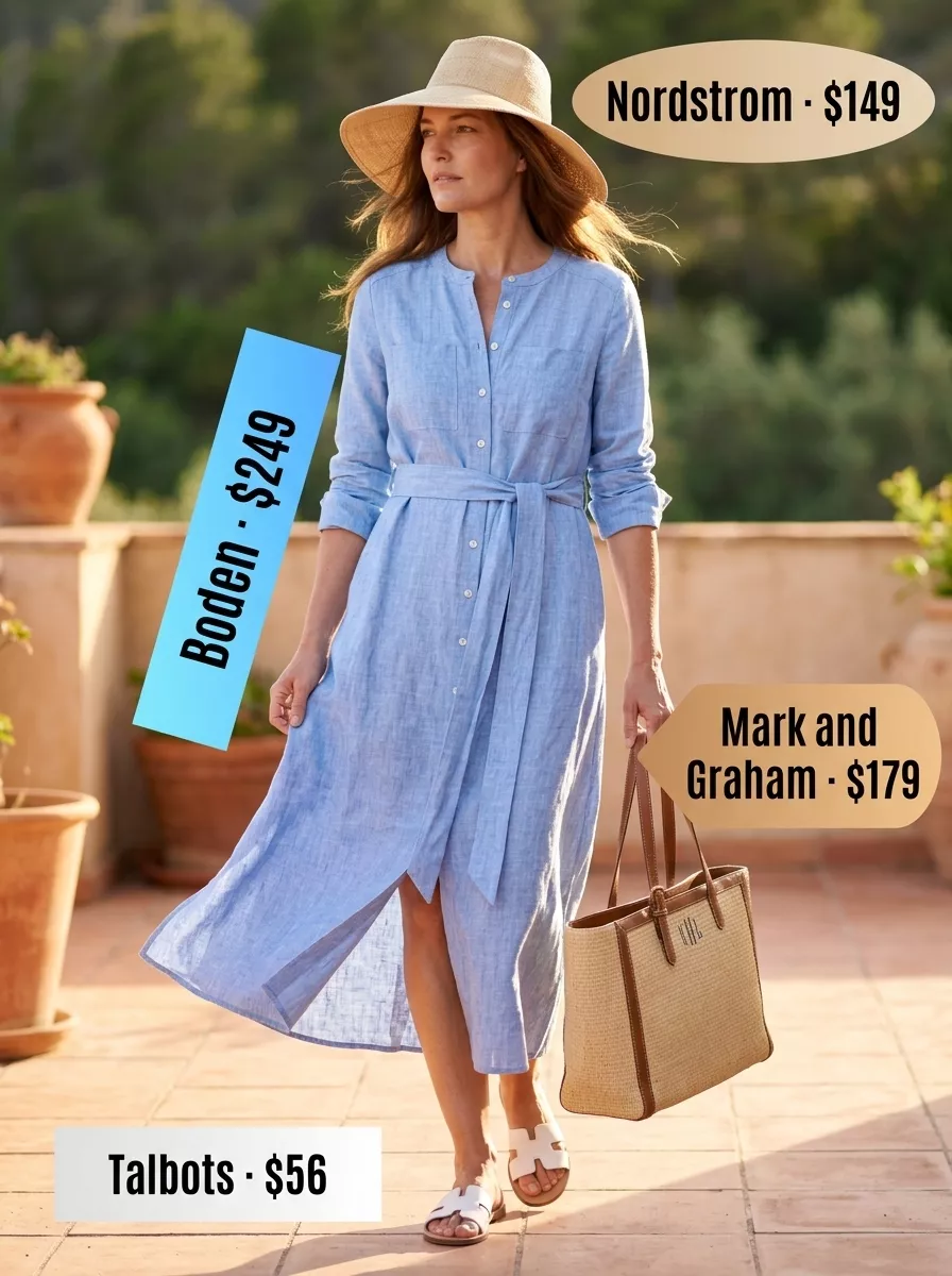 Resort Brunch Summer Outfit for Women Over 50 2026 Sophisticated summer outfit for women over 50 2026: Sky blue linen maxi dress, white slides, straw hat & tote for resort brunch.