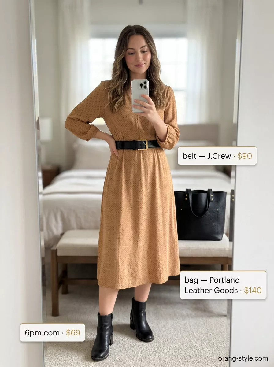 Chic travel jumpsuit outfit with polka dot midi dress, black boots, leather belt, and tote. Summer polka dots midi outfits for women 2026.