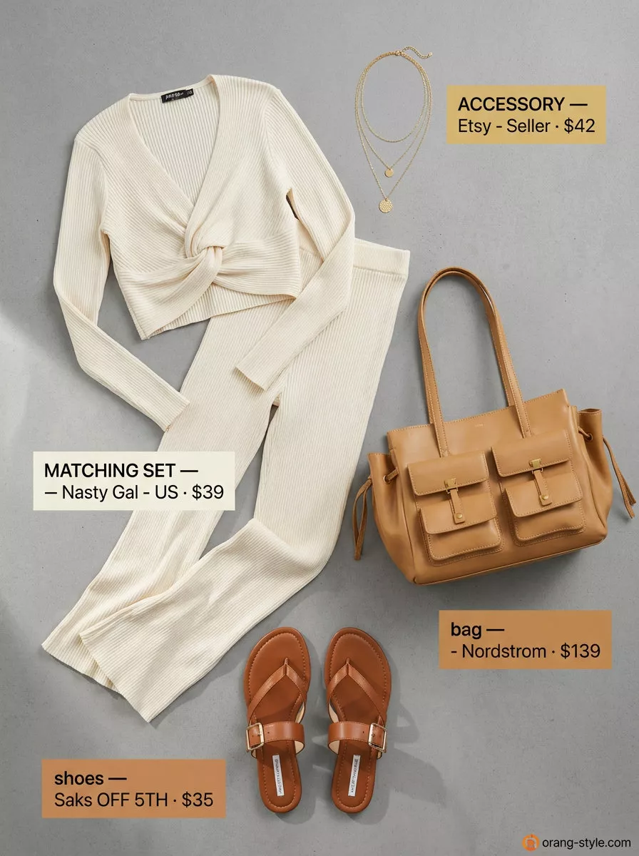 Chic Co-Ord Set Summer Road Trip Outfits 2026 Chic co-ord set outfit for summer road trip 2026: cream knit set, tote bag, and flat sandals.