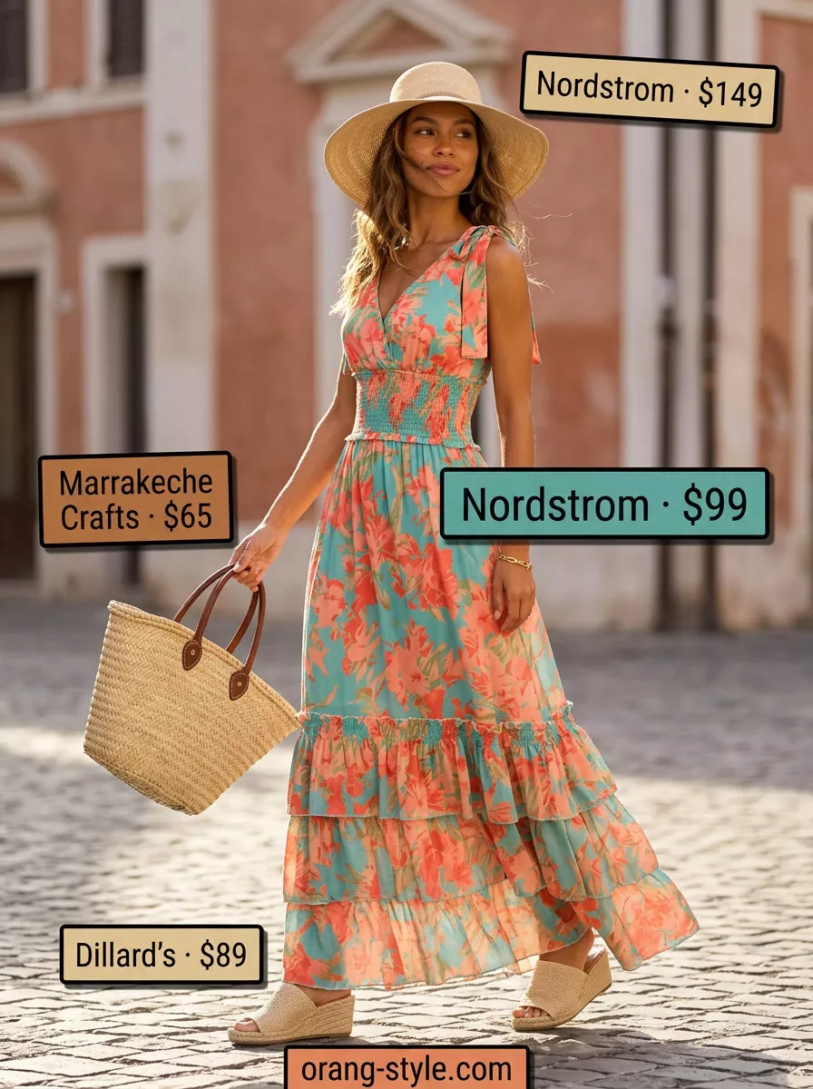 Coastal Cruise Summer Road Trip Outfits 2026 Coastal Cruise maxi dress outfit for summer road trip 2026: coral and teal floral dress, straw hat, and espadrilles.