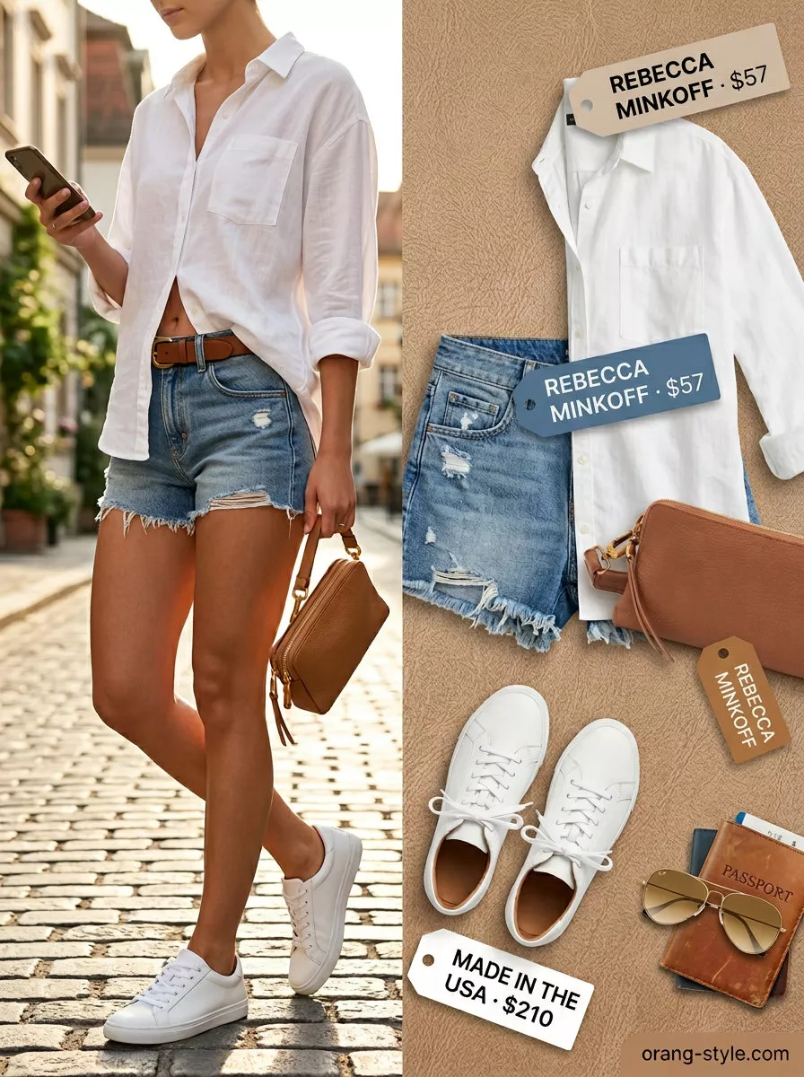 Summer Road Trip Outfits 2026: Denim Shorts Companion Denim shorts and linen shirt for summer road trip outfits for women 2026. Classic casual travel style with aviators.