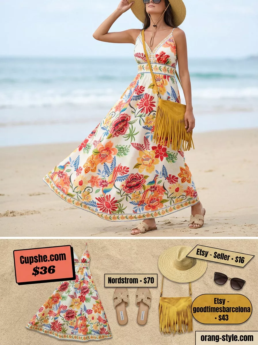 Summer Road Trip Outfits 2026: Bohemian Maxi Dress Floral maxi dress for summer road trip outfits for women 2026. Bohemian sightseeing style.